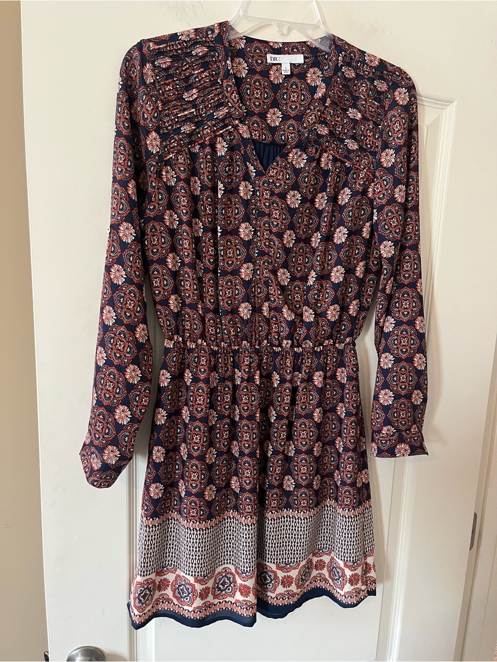 DR2 Designer Orange/Navy Patterned Midi Dress Cinched Waist Size Small